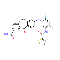 NC(=O)c1ccc2c(c1)C(=O)c1ccc(Nc3cc(NC(=O)c4cccs4)c(F)cc3F)cc1CC2 ZINC001772612653