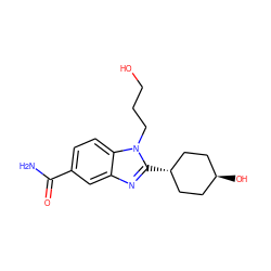 NC(=O)c1ccc2c(c1)nc([C@H]1CC[C@H](O)CC1)n2CCCO ZINC000653882127