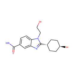 NC(=O)c1ccc2c(c1)nc([C@H]1CC[C@H](O)CC1)n2CCO ZINC000653882162