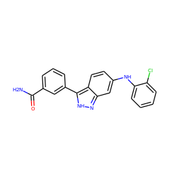 NC(=O)c1cccc(-c2[nH]nc3cc(Nc4ccccc4Cl)ccc23)c1 ZINC000028528372