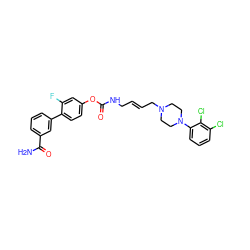 NC(=O)c1cccc(-c2ccc(OC(=O)NC/C=C/CN3CCN(c4cccc(Cl)c4Cl)CC3)cc2F)c1 ZINC000223194360