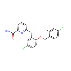 NC(=O)c1cccc(Cc2cc(Cl)ccc2OCc2ccc(Cl)cc2F)n1 ZINC000095597335