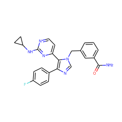 NC(=O)c1cccc(Cn2cnc(-c3ccc(F)cc3)c2-c2ccnc(NC3CC3)n2)c1 ZINC000040412971