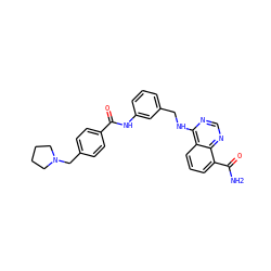 NC(=O)c1cccc2c(NCc3cccc(NC(=O)c4ccc(CN5CCCC5)cc4)c3)ncnc12 ZINC000114347734