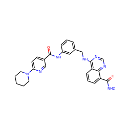 NC(=O)c1cccc2c(NCc3cccc(NC(=O)c4ccc(N5CCCCC5)nc4)c3)ncnc12 ZINC000167028426