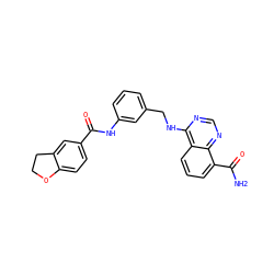 NC(=O)c1cccc2c(NCc3cccc(NC(=O)c4ccc5c(c4)CCO5)c3)ncnc12 ZINC000114347035
