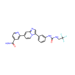 NC(=O)c1ccnc(-c2ccn3c(-c4cccc(NC(=O)NCC(F)(F)F)c4)cnc3c2)c1 ZINC000169704675