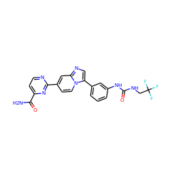 NC(=O)c1ccnc(-c2ccn3c(-c4cccc(NC(=O)NCC(F)(F)F)c4)cnc3c2)n1 ZINC000169704652