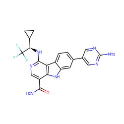 NC(=O)c1cnc(N[C@H](C2CC2)C(F)(F)F)c2c1[nH]c1cc(-c3cnc(N)nc3)ccc12 ZINC000072126295