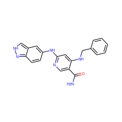 NC(=O)c1cnc(Nc2ccc3n[nH]cc3c2)cc1NCc1ccccc1 ZINC001772570859