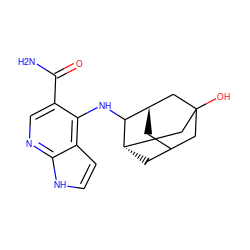 NC(=O)c1cnc2[nH]ccc2c1NC1[C@H]2CC3C[C@H]1CC(O)(C3)C2 ZINC000115352234