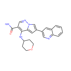 NC(=O)c1cnn2cc(-c3cnc4ccccc4c3)cc2c1NC1CCOCC1 ZINC000261103811