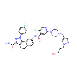 NC(=O)c1nn(-c2ccc(F)cc2)c2c1CCc1ccc(NC(=O)c3cc(N4CCN(Cc5cnn(CCCO)c5)CC4)ncc3Cl)cc1-2 ZINC000072123652