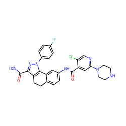 NC(=O)c1nn(-c2ccc(F)cc2)c2c1CCc1ccc(NC(=O)c3cc(N4CCNCC4)ncc3Cl)cc1-2 ZINC000049774353