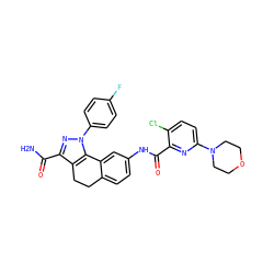 NC(=O)c1nn(-c2ccc(F)cc2)c2c1CCc1ccc(NC(=O)c3nc(N4CCOCC4)ccc3Cl)cc1-2 ZINC000049767378