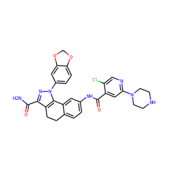 NC(=O)c1nn(-c2ccc3c(c2)OCO3)c2c1CCc1ccc(NC(=O)c3cc(N4CCNCC4)ncc3Cl)cc1-2 ZINC000049746504