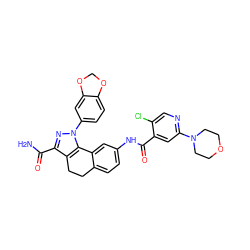 NC(=O)c1nn(-c2ccc3c(c2)OCO3)c2c1CCc1ccc(NC(=O)c3cc(N4CCOCC4)ncc3Cl)cc1-2 ZINC000049746914