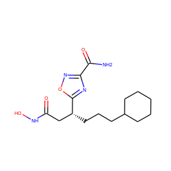 NC(=O)c1noc([C@H](CCCC2CCCCC2)CC(=O)NO)n1 ZINC000003818556