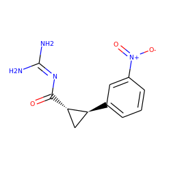 NC(N)=NC(=O)[C@H]1C[C@@H]1c1cccc([N+](=O)[O-])c1 ZINC000013864212