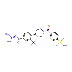 NC(N)=NC(=O)c1ccc(C2CCN(C(=O)c3ccc(S(N)(=O)=O)cc3)CC2)c(C(F)(F)F)c1 ZINC000095557390