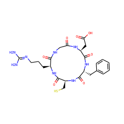 NC(N)=NCCC[C@@H]1NC(=O)[C@H](CS)NC(=O)[C@@H](Cc2ccccc2)NC(=O)[C@H](CC(=O)O)NC(=O)CNC1=O ZINC000138422516