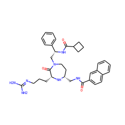 NC(N)=NCCC[C@H]1N[C@@H](CNC(=O)c2ccc3ccccc3c2)CCN(C[C@@H](NC(=O)C2CCC2)c2ccccc2)C1=O ZINC000206887150