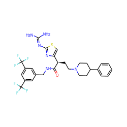 NC(N)=Nc1nc([C@@H](CCN2CCC(c3ccccc3)CC2)C(=O)NCc2cc(C(F)(F)F)cc(C(F)(F)F)c2)cs1 ZINC000028702825