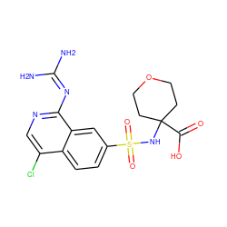 NC(N)=Nc1ncc(Cl)c2ccc(S(=O)(=O)NC3(C(=O)O)CCOCC3)cc12 ZINC000014960804