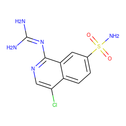 NC(N)=Nc1ncc(Cl)c2ccc(S(N)(=O)=O)cc12 ZINC000014960708