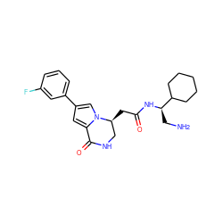 NC[C@@H](NC(=O)C[C@H]1CNC(=O)c2cc(-c3cccc(F)c3)cn21)C1CCCCC1 ZINC000169325491