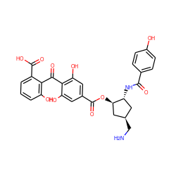 NC[C@@H]1C[C@@H](NC(=O)c2ccc(O)cc2)[C@H](OC(=O)c2cc(O)c(C(=O)c3c(O)cccc3C(=O)O)c(O)c2)C1 ZINC000026393137