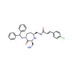 NC[C@@H]1N[C@H](CNC(=O)/C=C/c2ccc(Cl)cc2)CCN(CC(c2ccccc2)c2ccccc2)C1=O ZINC000118686354