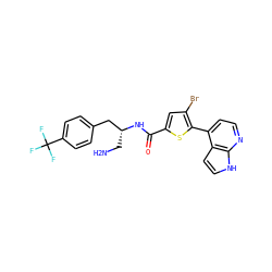 NC[C@H](Cc1ccc(C(F)(F)F)cc1)NC(=O)c1cc(Br)c(-c2ccnc3[nH]ccc23)s1 ZINC000049867767