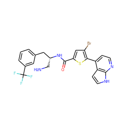 NC[C@H](Cc1cccc(C(F)(F)F)c1)NC(=O)c1cc(Br)c(-c2ccnc3[nH]ccc23)s1 ZINC000049867765