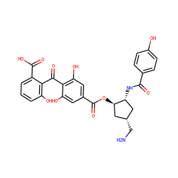 NC[C@H]1C[C@@H](NC(=O)c2ccc(O)cc2)[C@H](OC(=O)c2cc(O)c(C(=O)c3c(O)cccc3C(=O)O)c(O)c2)C1 ZINC000026388033
