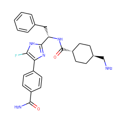 NC[C@H]1CC[C@H](C(=O)N[C@@H](Cc2ccccc2)c2nc(-c3ccc(C(N)=O)cc3)c(F)[nH]2)CC1 ZINC000299824862