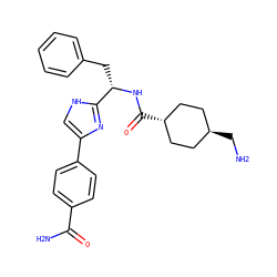 NC[C@H]1CC[C@H](C(=O)N[C@@H](Cc2ccccc2)c2nc(-c3ccc(C(N)=O)cc3)c[nH]2)CC1 ZINC000299840298