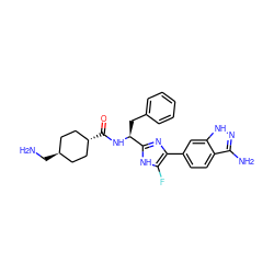 NC[C@H]1CC[C@H](C(=O)N[C@@H](Cc2ccccc2)c2nc(-c3ccc4c(N)n[nH]c4c3)c(F)[nH]2)CC1 ZINC000299824960