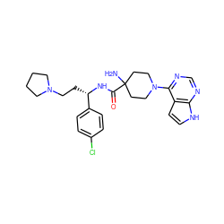 NC1(C(=O)N[C@@H](CCN2CCCC2)c2ccc(Cl)cc2)CCN(c2ncnc3[nH]ccc23)CC1 ZINC000095581525