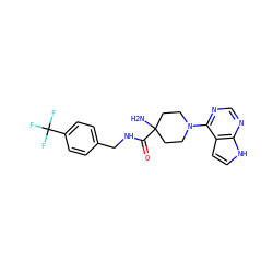 NC1(C(=O)NCc2ccc(C(F)(F)F)cc2)CCN(c2ncnc3[nH]ccc23)CC1 ZINC000084405620