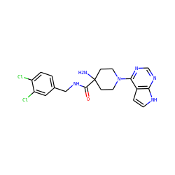 NC1(C(=O)NCc2ccc(Cl)c(Cl)c2)CCN(c2ncnc3[nH]ccc23)CC1 ZINC000084405623