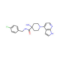 NC1(C(=O)NCc2ccc(Cl)cc2)CCN(c2ccnc3[nH]ccc23)CC1 ZINC000084405605