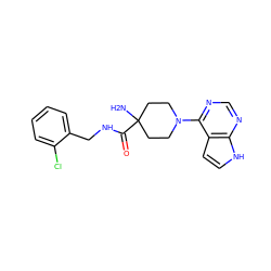 NC1(C(=O)NCc2ccccc2Cl)CCN(c2ncnc3[nH]ccc23)CC1 ZINC000096900085