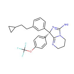 NC1=N[C@](c2ccc(OC(F)(F)F)cc2)(c2cccc(CCC3CC3)c2)C2=NCCCN12 ZINC000035998157