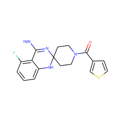 NC1=NC2(CCN(C(=O)c3ccsc3)CC2)Nc2cccc(F)c21 ZINC000013493551