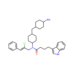 NC1CCC(CC2CCC(N(C/C(Cl)=C/c3ccccc3)C(=O)CCCc3c[nH]c4ccccc34)CC2)CC1 ZINC000028825978