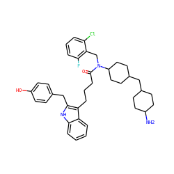 NC1CCC(CC2CCC(N(Cc3c(F)cccc3Cl)C(=O)CCCc3c(Cc4ccc(O)cc4)[nH]c4ccccc34)CC2)CC1 ZINC000028826070