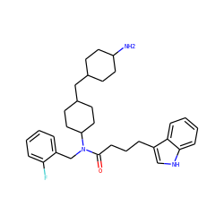 NC1CCC(CC2CCC(N(Cc3ccccc3F)C(=O)CCCc3c[nH]c4ccccc34)CC2)CC1 ZINC000028825983