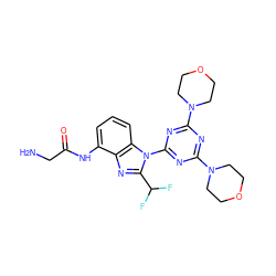 NCC(=O)Nc1cccc2c1nc(C(F)F)n2-c1nc(N2CCOCC2)nc(N2CCOCC2)n1 ZINC000096271516