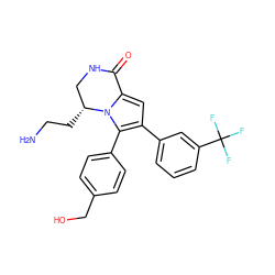 NCC[C@@H]1CNC(=O)c2cc(-c3cccc(C(F)(F)F)c3)c(-c3ccc(CO)cc3)n21 ZINC000207259857